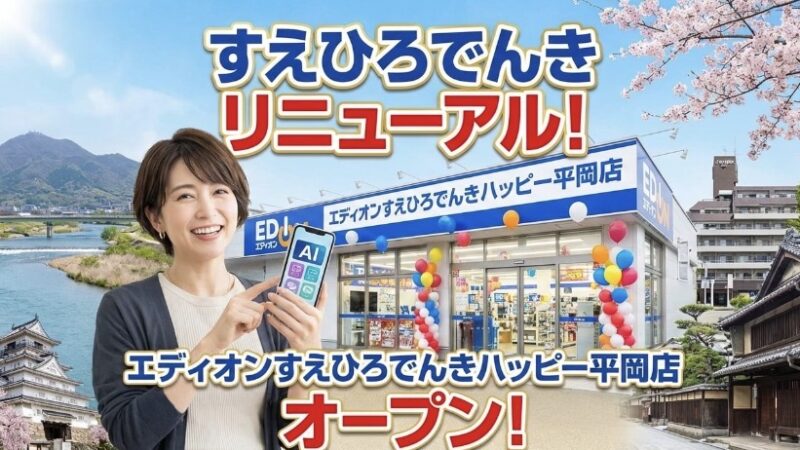 大切なお知らせ　すえひろでんきは4月から「エディオンすえひろでんきハッピー平岡店」になります！